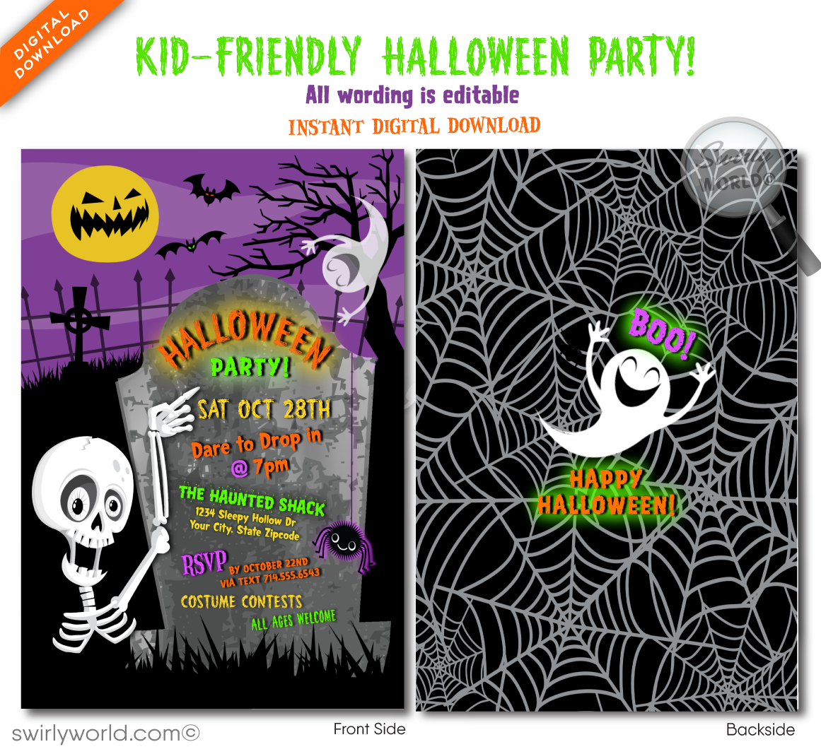 Kick off your Halloween bash with our playful skeleton-themed invitations! Featuring a silly skeleton, a giggling ghost, and a jack-o'-lantern moon, this kid-friendly design is perfect for school events or community parties. Customize, download instantly, and share—whether you print, email, or text, it's all fun and no fright!