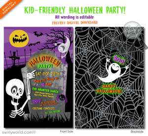 Kick off your Halloween bash with our playful skeleton-themed invitations! Featuring a silly skeleton, a giggling ghost, and a jack-o'-lantern moon, this kid-friendly design is perfect for school events or community parties. Customize, download instantly, and share—whether you print, email, or text, it's all fun and no fright!
