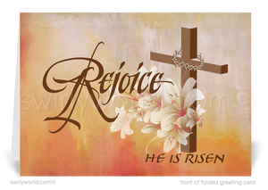 Christian Religious Rejoice Happy Easter Greeting Cards. Beautiful Christian Catholic religious cross resurrection Jesus blessed happy Easter greeting cards.