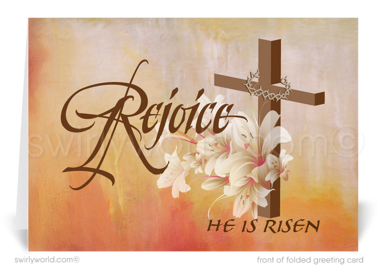 Christian Religious Rejoice Happy Easter Greeting Cards. Beautiful Christian Catholic religious cross resurrection Jesus blessed happy Easter greeting cards.