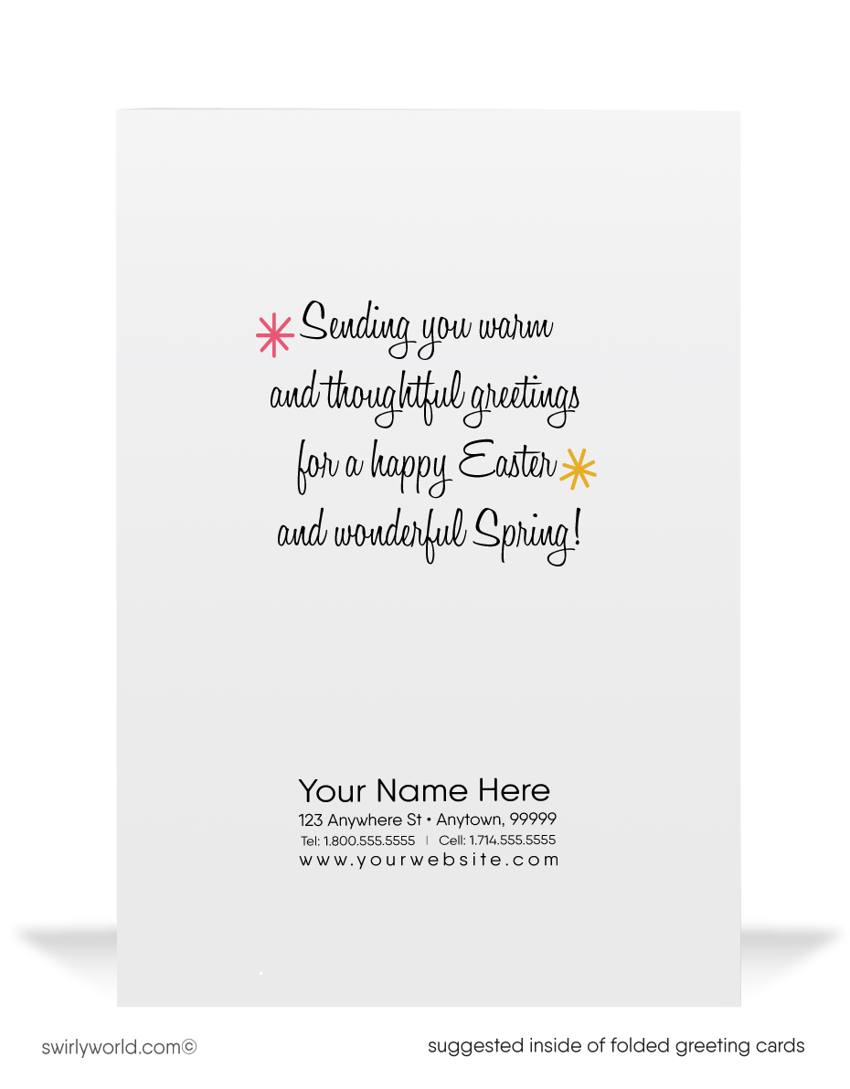 Charming vintage Easter card with a bunny in a purple bow writing on a pink egg. Bright yellow 1950s floral backdrop with tulips, lilies & retro flair!