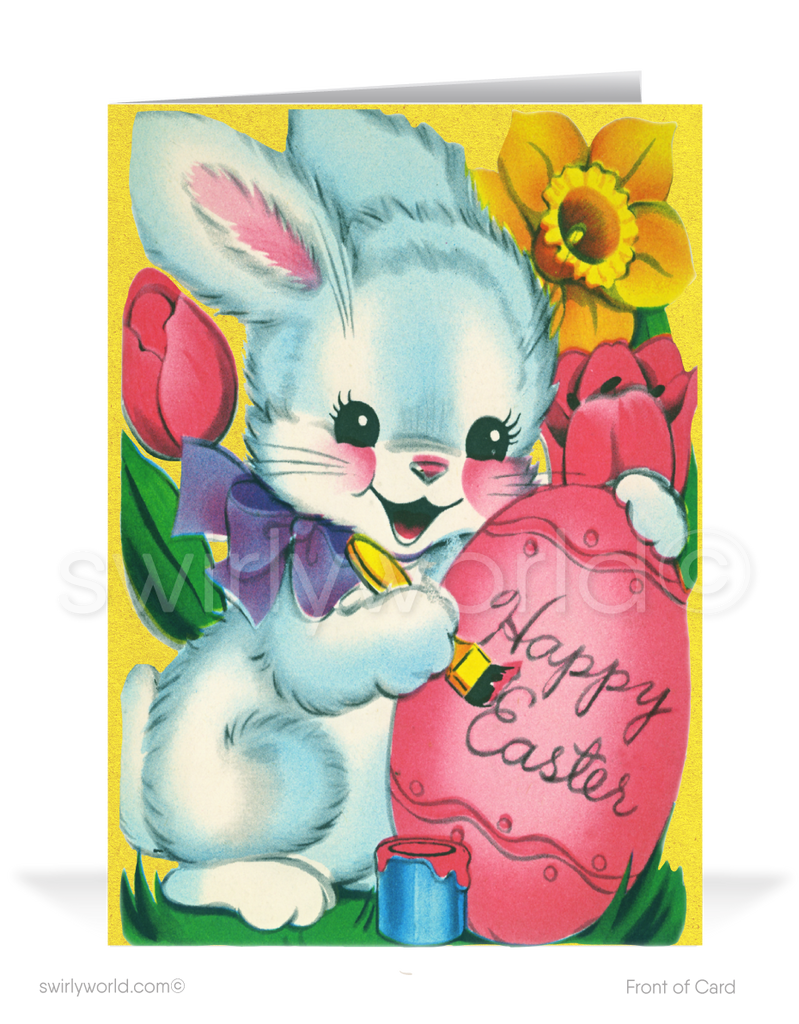 1940s-1950s mid-century retro vintage kitschy kitsch cute bunny rabbit with flowers Spring happy Easter greeting cards
