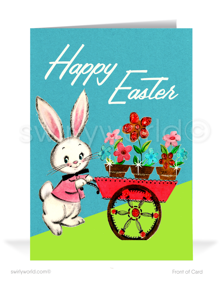 Vintage Easter Card – Bunny with Wheelbarrow of Flowers, Retro MCM 1950s Design