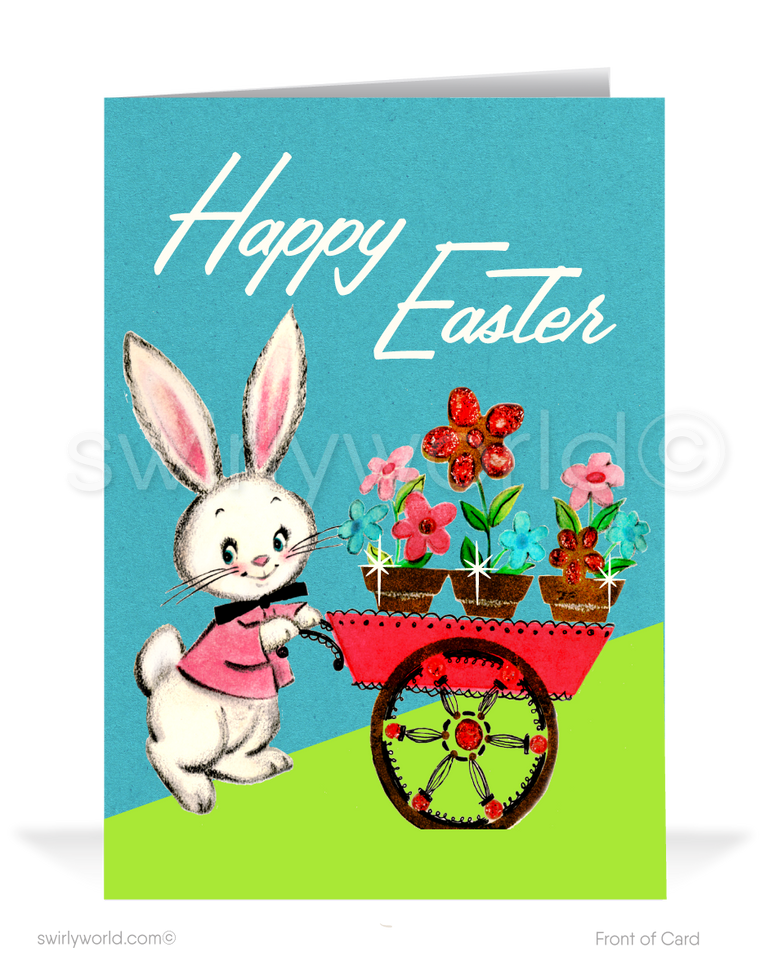 1940s-1950s mid-century retro vintage atomic kitschy kitsch bunny rabbit with basket Spring happy Easter greeting cards.