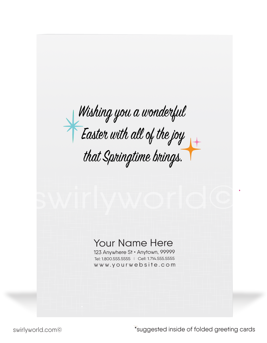 Charming retro Easter card with a colorful chocolate egg and vintage-style banner. Features bold spring colors and MCM typography. Perfect for seasonal greetings!