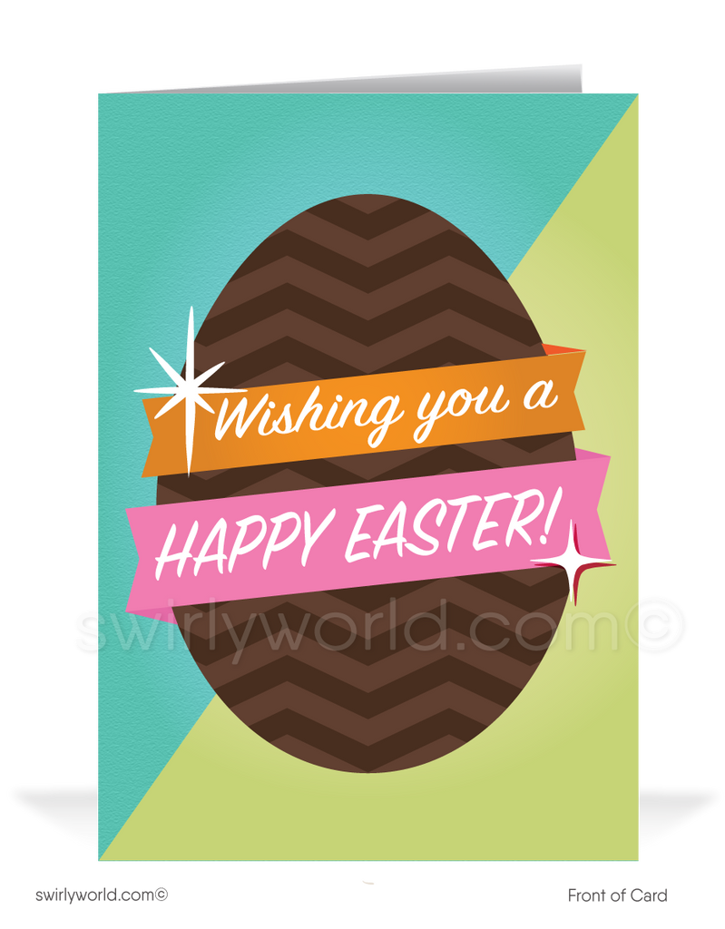 Charming retro Easter card with a colorful chocolate egg and vintage-style banner. Features bold spring colors and MCM typography. Perfect for seasonal greetings!