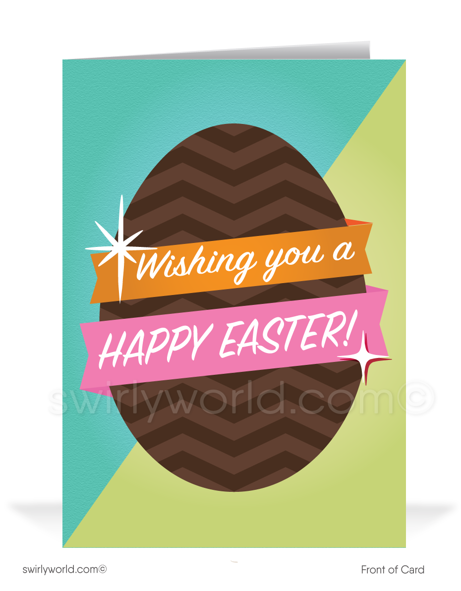 Charming retro Easter card with a colorful chocolate egg and vintage-style banner. Features bold spring colors and MCM typography. Perfect for seasonal greetings!
