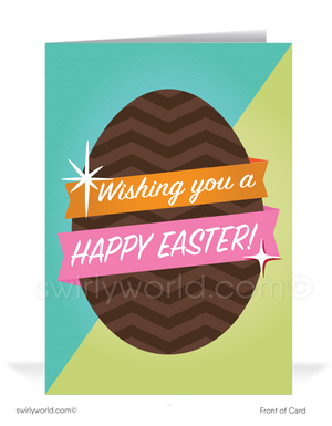 Charming retro Easter card with a colorful chocolate egg and vintage-style banner. Features bold spring colors and MCM typography. Perfect for seasonal greetings!