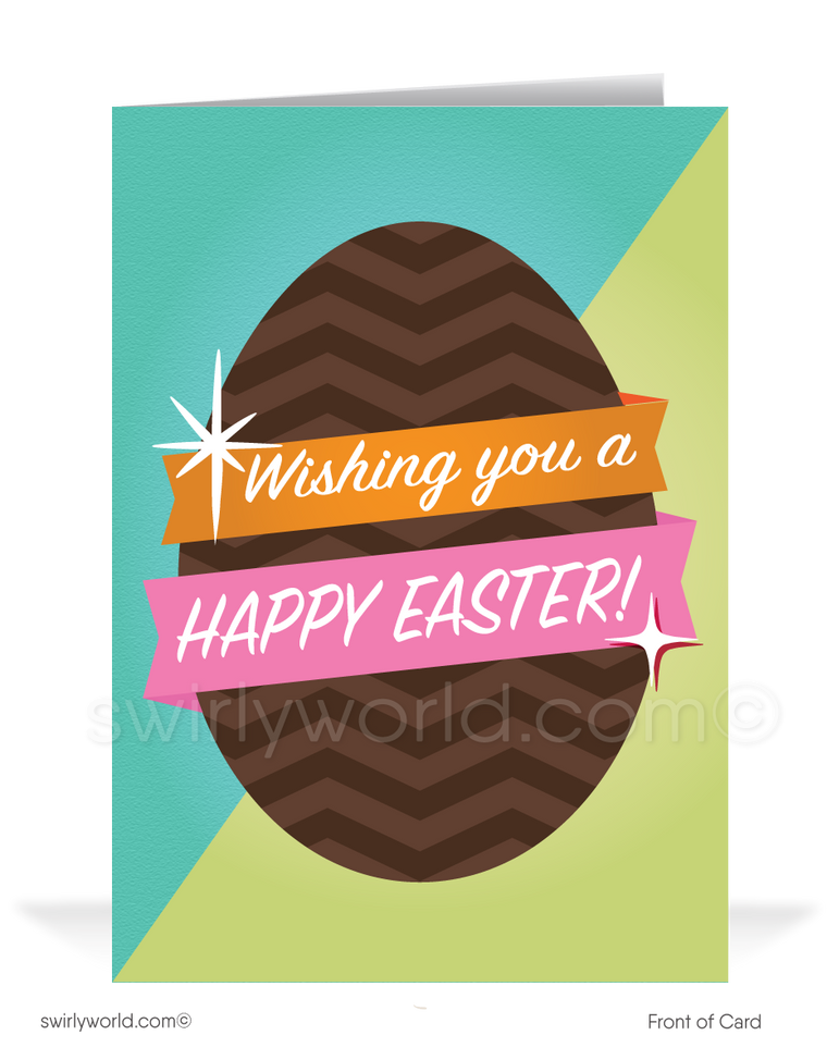 Mid-century modern retro atomic vintage colored decorated egg happy Easter greeting cards.