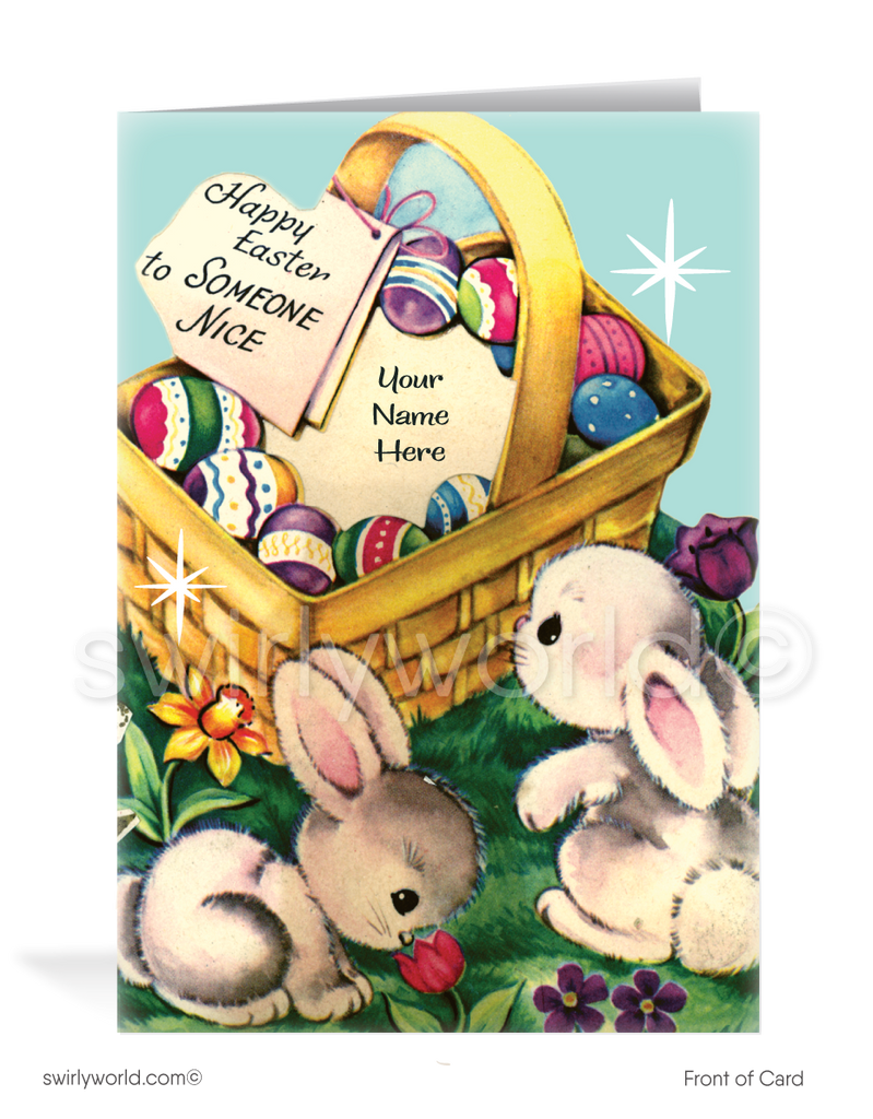 1940s-1950s mid-century retro vintage kitschy kitsch cute bunny rabbits with Easter basket Spring happy Easter greeting cards.