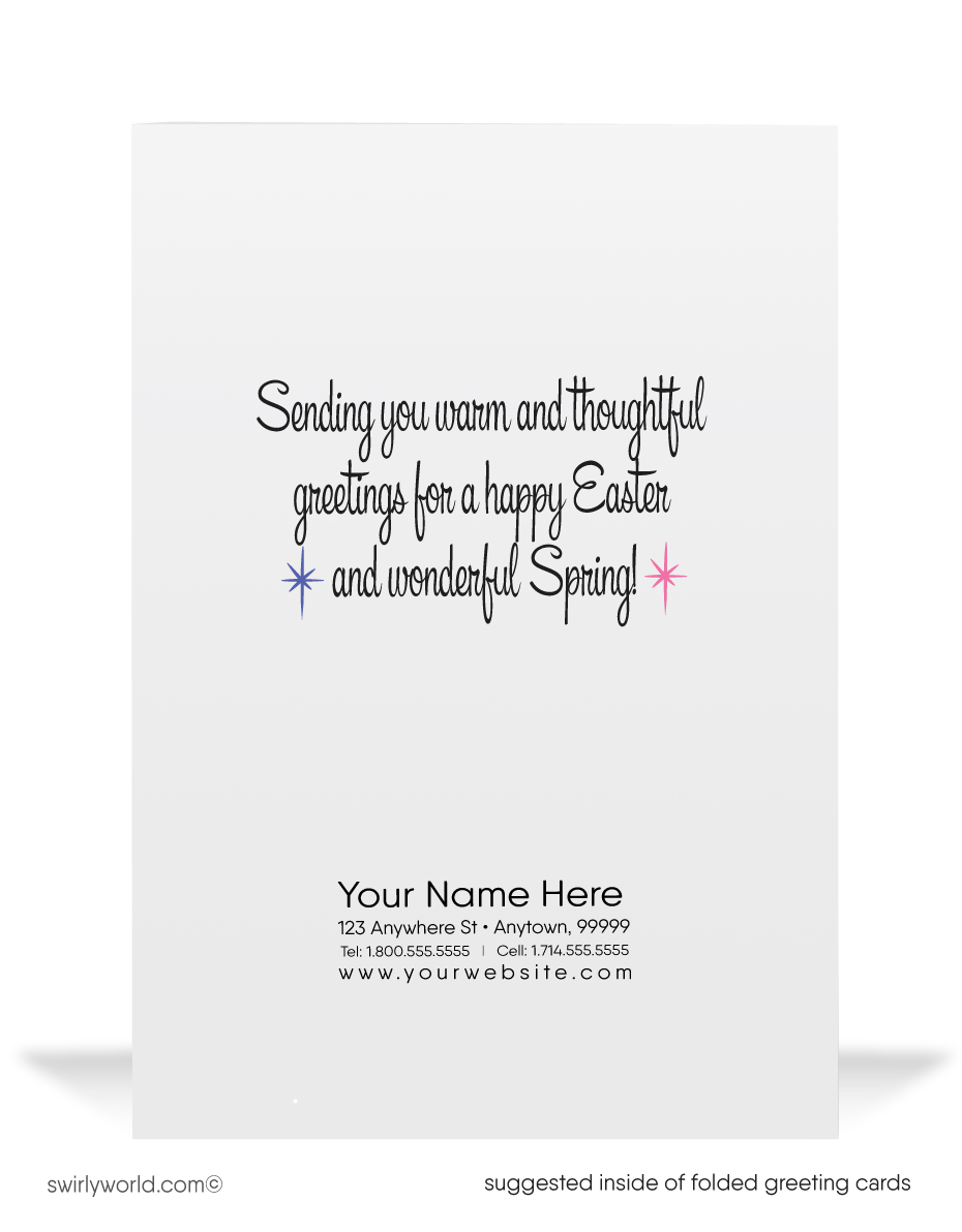 1940s-1950s atomic mid-century retro vintage kitschy kitsch cute baby chicks in basket Spring happy Easter greeting cards.