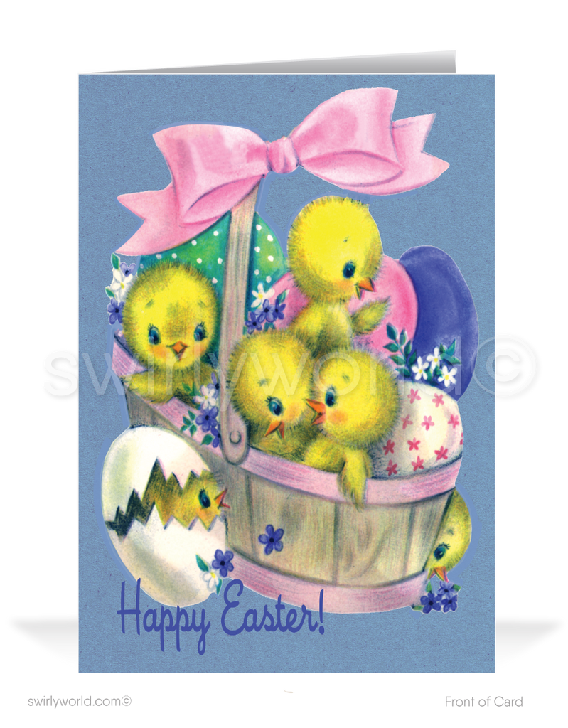 1940s-1950s atomic mid-century retro vintage kitschy kitsch cute baby chicks in basket Spring happy Easter greeting cards.