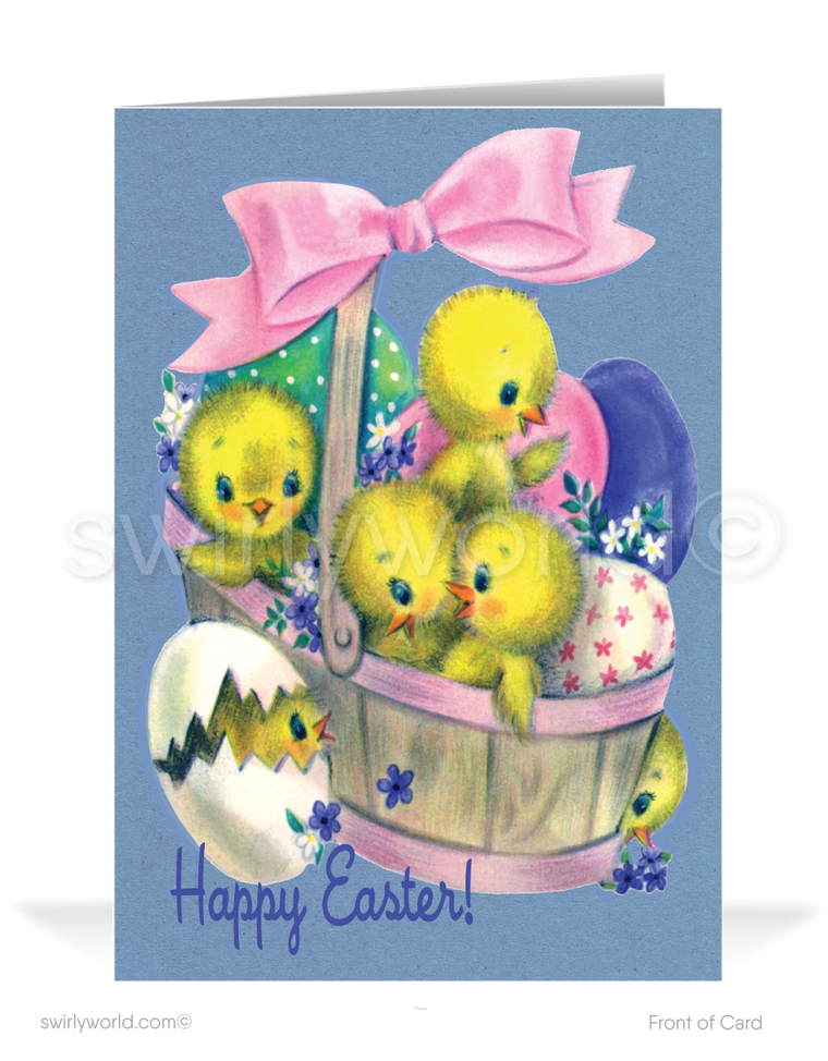 1940s-1950s atomic mid-century retro vintage kitschy kitsch cute baby chicks in basket Spring happy Easter greeting cards.