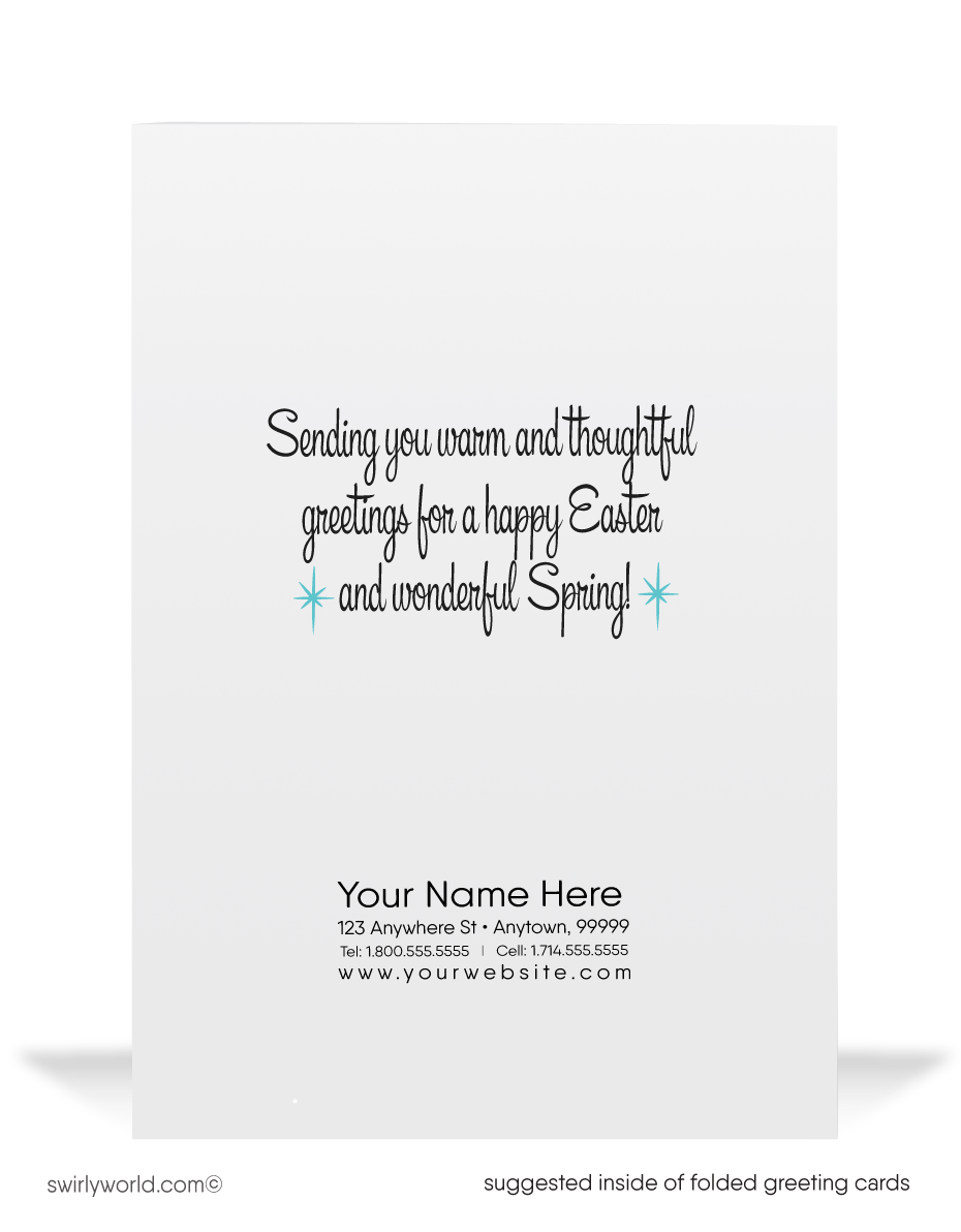 Send Easter cheer with this vintage-style card! A kitschy lamb in a flower wreath frolics in a spring garden, set against a retro MCM backdrop with flair.