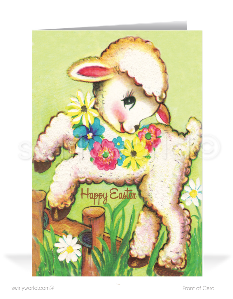 1950's Mid-Century Modern Vintage Lamb Happy Easter Cards1940s-1960s mid-century retro vintage kitschy kitsch baby lamp frolicking in garden Spring happy Easter greeting cards.