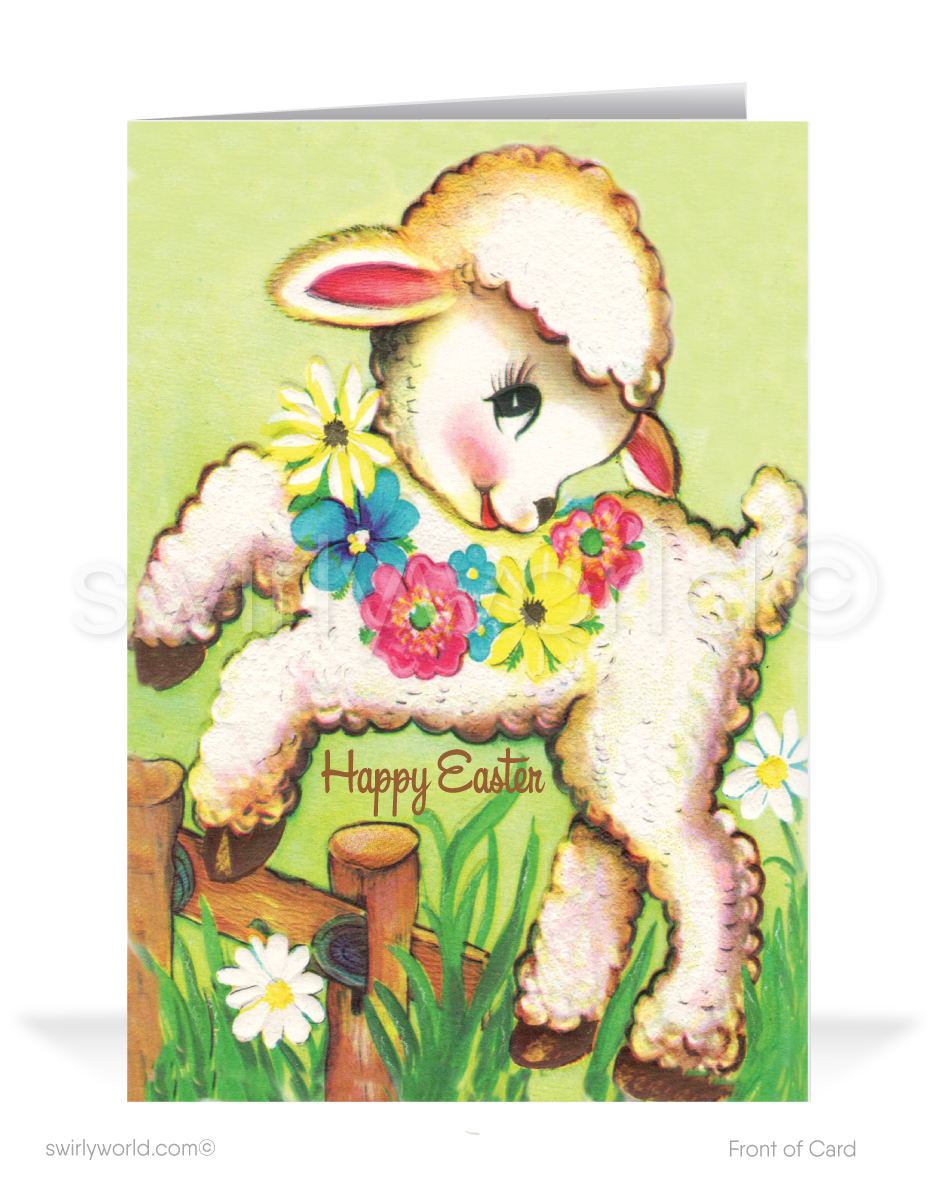 Send Easter cheer with this vintage-style card! A kitschy lamb in a flower wreath frolics in a spring garden, set against a retro MCM backdrop with flair.