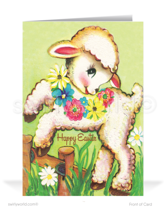 1950's Mid-Century Modern Vintage Lamb Happy Easter Cards1940s-1960s mid-century retro vintage kitschy kitsch baby lamp frolicking in garden Spring happy Easter greeting cards.