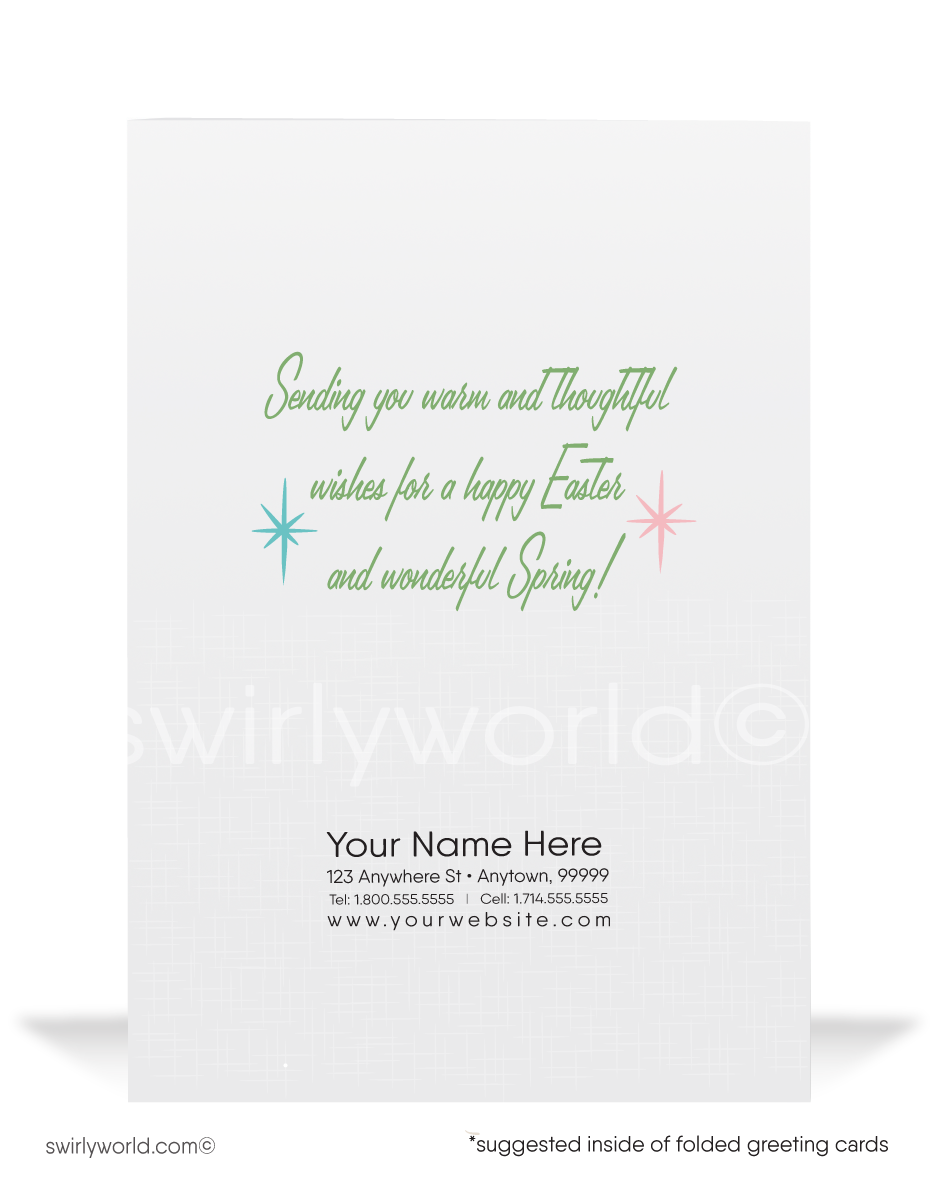 Charming vintage Easter card with a blue bunny in a pink bow carrying a basket of pastel eggs. Retro pink & mint green backdrop with atomic MCM flair!