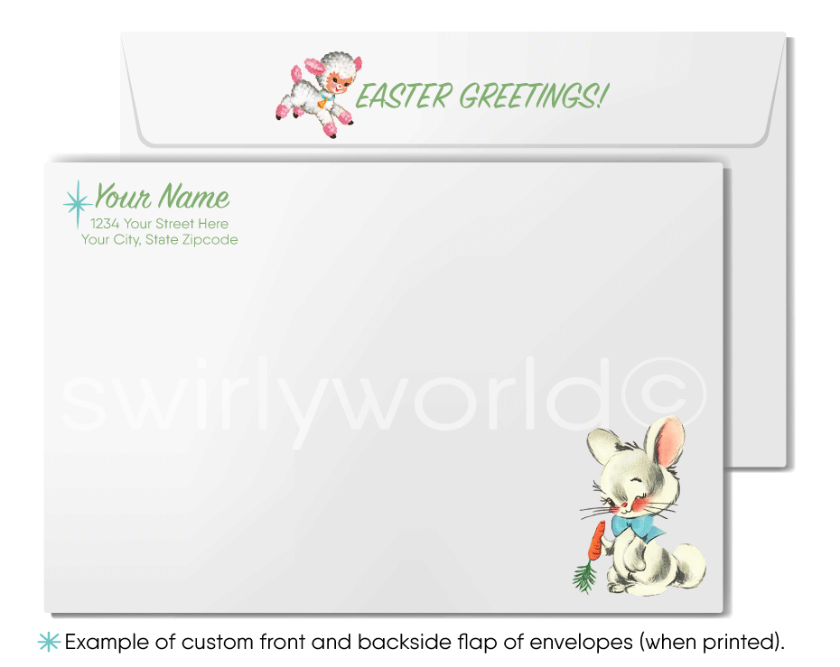 1950s-1960s atomic mid-century retro vintage kitschy kitsch cute bunny rabbit pink and blue Spring happy Easter greeting cards.