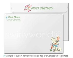 1950s-1960s atomic mid-century retro vintage kitschy kitsch cute bunny rabbit pink and blue Spring happy Easter greeting cards.