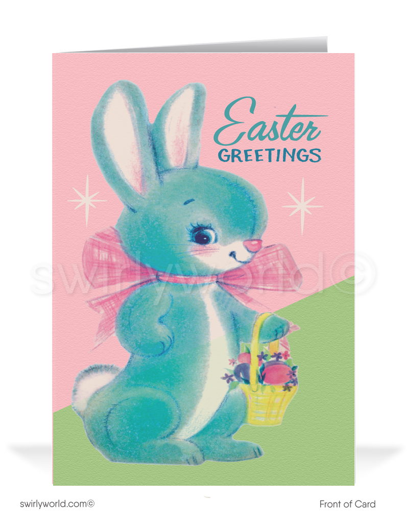 1950's mid-century mod retro pink and blue happy Easter cards.1950s-1960s atomic mid-century retro vintage kitschy kitsch cute bunny rabbit pink and blue Spring happy Easter greeting cards.