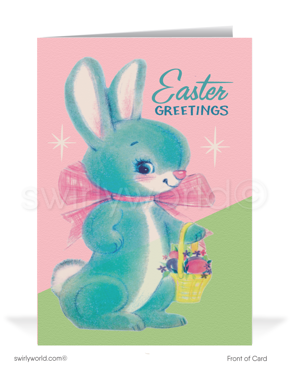 Charming vintage Easter card with a blue bunny in a pink bow carrying a basket of pastel eggs. Retro pink & mint green backdrop with atomic MCM flair!