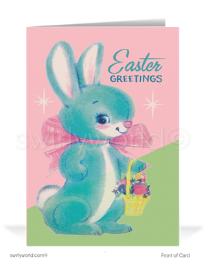 Charming vintage Easter card with a blue bunny in a pink bow carrying a basket of pastel eggs. Retro pink & mint green backdrop with atomic MCM flair!