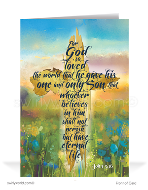 Beautiful watercolor gold cross He is Risen Christian Catholic blessed Springtime happy Easter greeting cards.