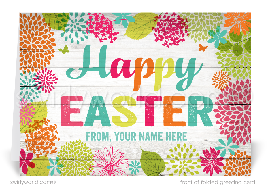 Retro mod vintage Springtime colorful flower blossoms happy Easter Spring greeting cards for business professional marketing.