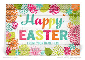 Retro mod vintage Springtime colorful flower blossoms happy Easter Spring greeting cards for business professional marketing.