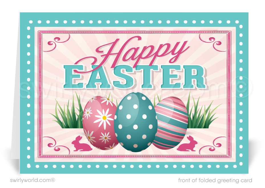Retro modern pink and blue colored decorated eggs happy Easter Springtime greeting cards for business professionals.