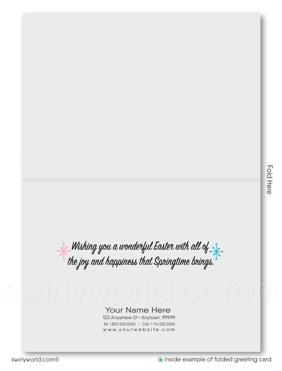 Retro mod vintage Springtime colorful flower blossoms eggs happy Easter Spring greeting cards for business professional marketing.