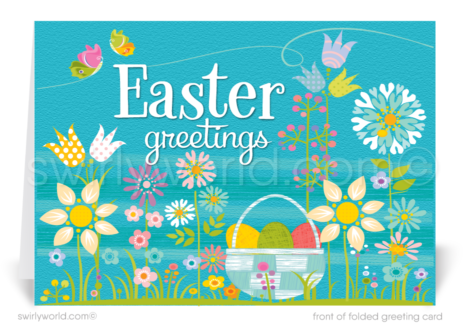 Retro mod vintage Springtime colorful flower blossoms eggs happy Easter Spring greeting cards for business professional marketing.