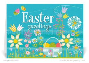 Retro mod vintage Springtime colorful flower blossoms eggs happy Easter Spring greeting cards for business professional marketing.