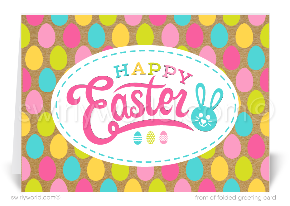Celebrate Easter with a retro-inspired greeting card featuring colorful eggs, vintage kraft paper backdrop, and playful typography. Customizable for a personal touch!