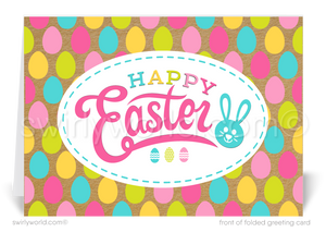 Celebrate Easter with a retro-inspired greeting card featuring colorful eggs, vintage kraft paper backdrop, and playful typography. Customizable for a personal touch!