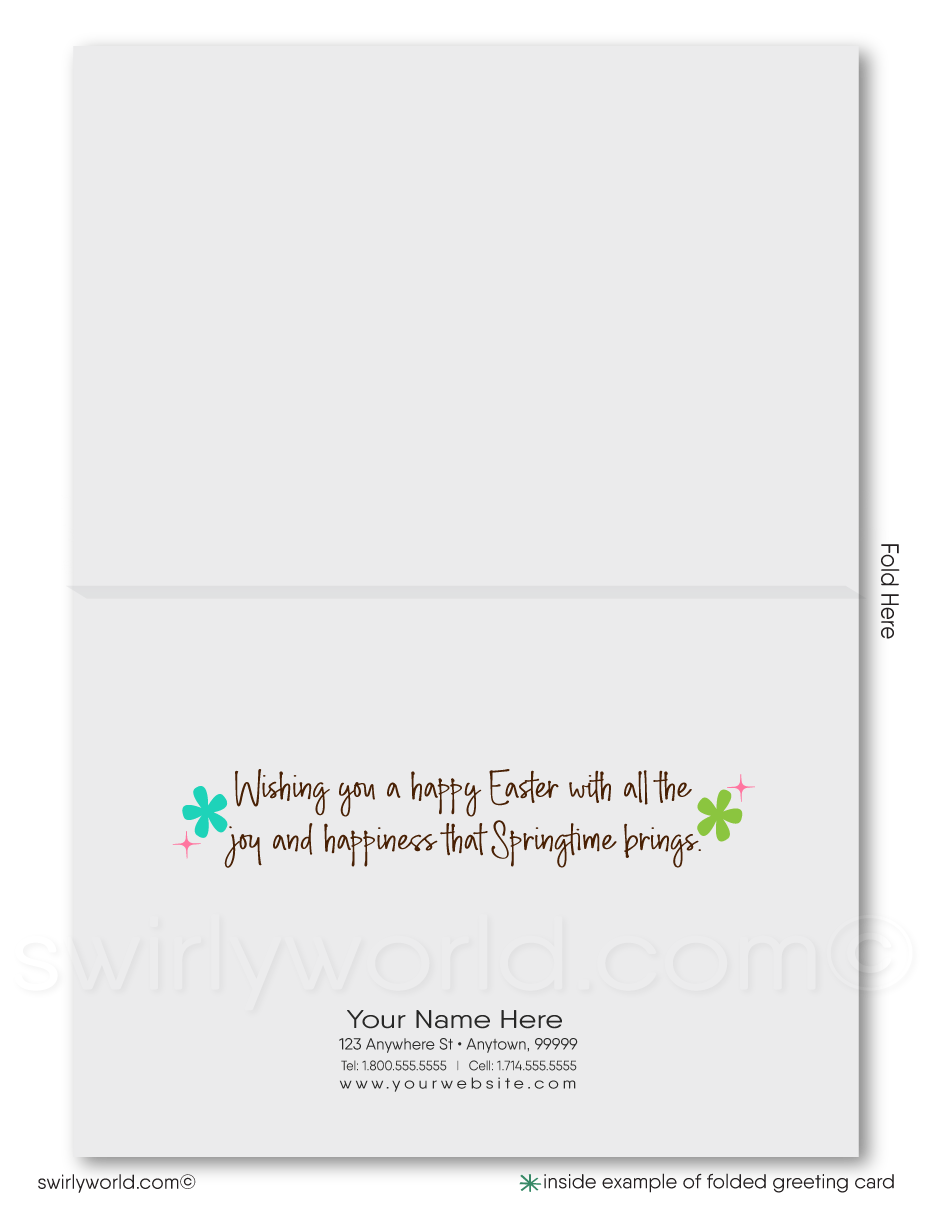 Celebrate Easter with a charming retro card featuring kitschy bunnies painting a "Happy Easter" sign. Bright, nostalgic, and perfect for clients, friends & family!