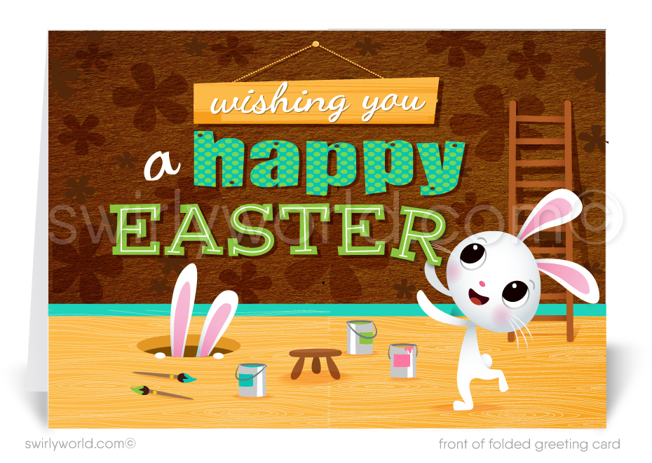 Retro Mod Cute Cartoon Bunny Happy Easter Springtime Greeting Cards for Business