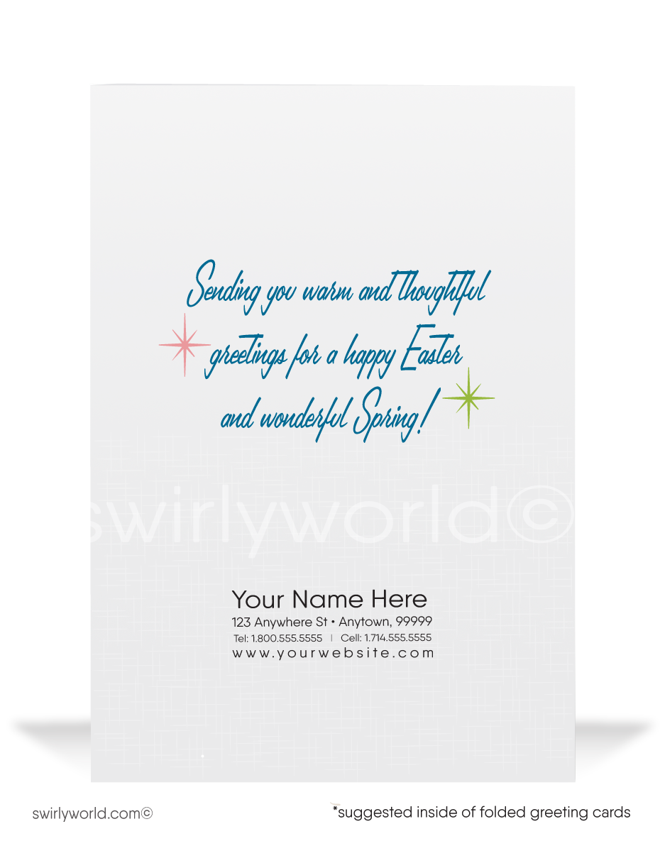 1940s-1950s Charming vintage Easter card with a bunny painting a “Happy Easter” sign as a bluebird flies above. Retro garden backdrop with MCM colors & nostalgic flair!