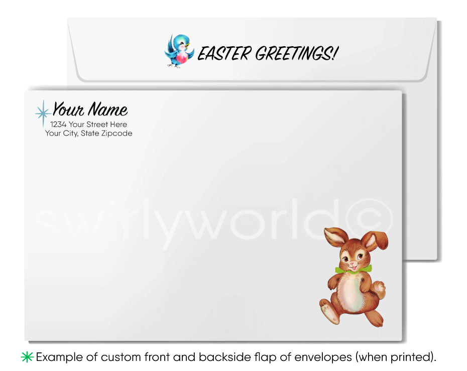 1940s-1950s mid-century retro vintage kitschy kitsch cute bunny rabbit and baby bluebird with flowers Spring happy Easter greeting cards.