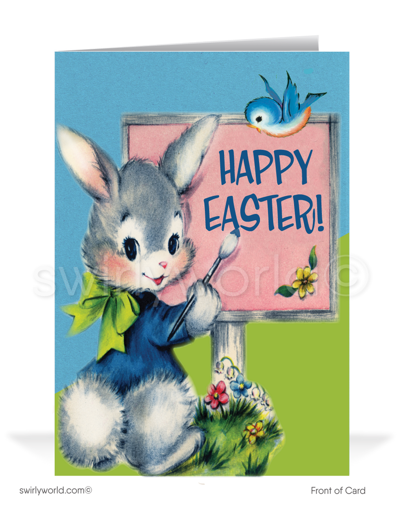 1940s-1950s mid-century retro vintage kitschy kitsch cute bunny rabbit and baby bluebird with flowers Spring happy Easter greeting cards.