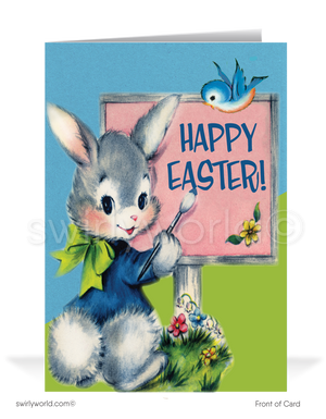 1940s-1950s Charming vintage Easter card with a bunny painting a “Happy Easter” sign as a bluebird flies above. Retro garden backdrop with MCM colors & nostalgic flair!