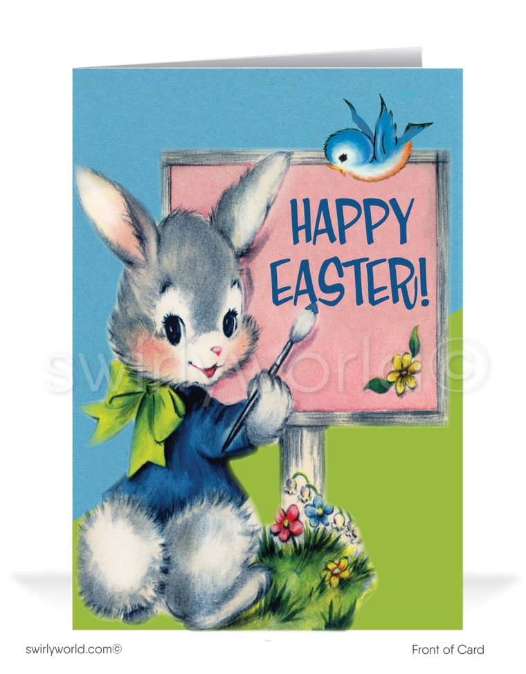 1940s-1950s Charming vintage Easter card with a bunny painting a “Happy Easter” sign as a bluebird flies above. Retro garden backdrop with MCM colors & nostalgic flair!