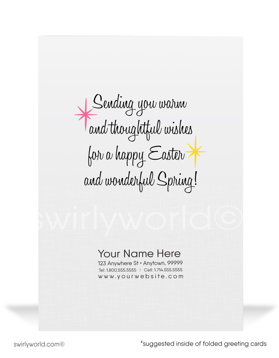 Whimsical vintage Easter card featuring a painter bunny with brush & bucket, pastel eggs, and a retro backdrop with atomic starbursts & MCM flair!