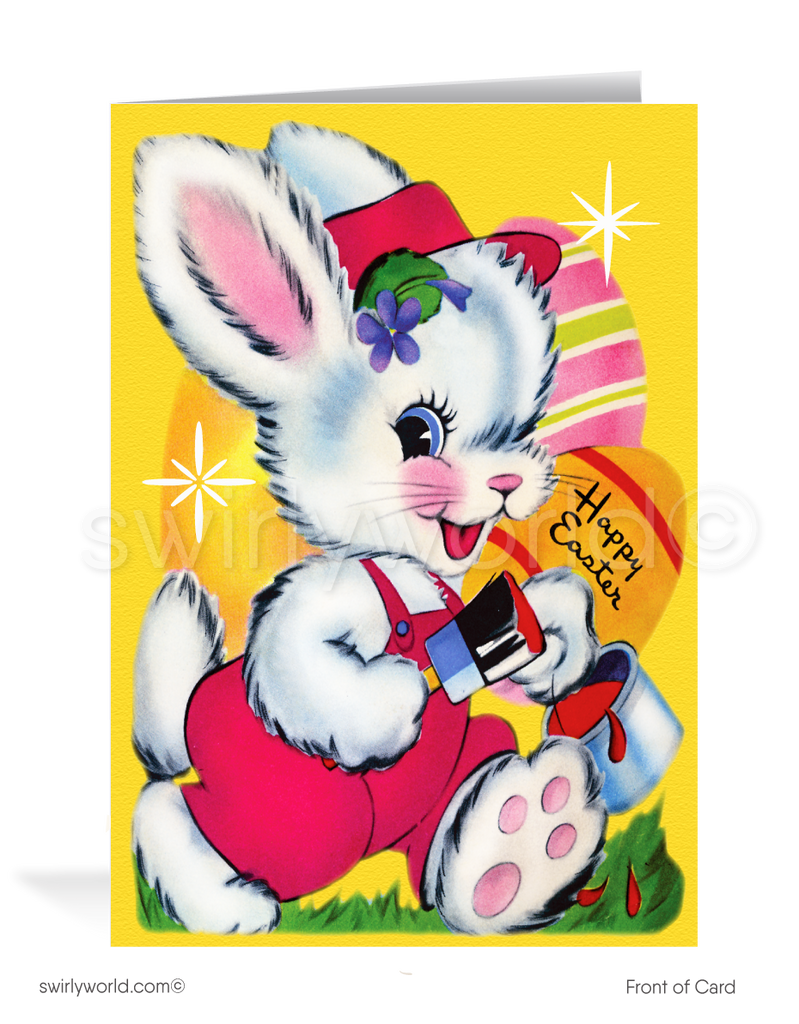 1950s-1960s mid-century retro vintage atomic kitschy kitsch bunny rabbit starburst Spring happy Easter greeting cards.