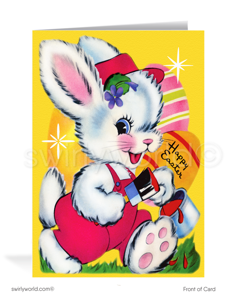 Whimsical vintage Easter card featuring a painter bunny with brush & bucket, pastel eggs, and a retro backdrop with atomic starbursts & MCM flair!