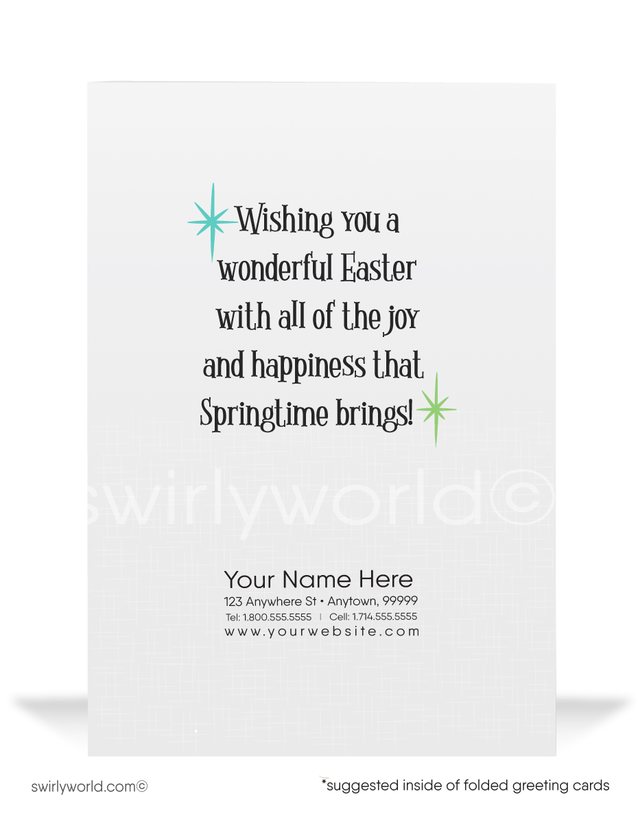 Whimsical vintage Easter card with a bunny in a classic Model T car filled with painted eggs. Retro blue & green backdrop with atomic starbursts & MCM charm!