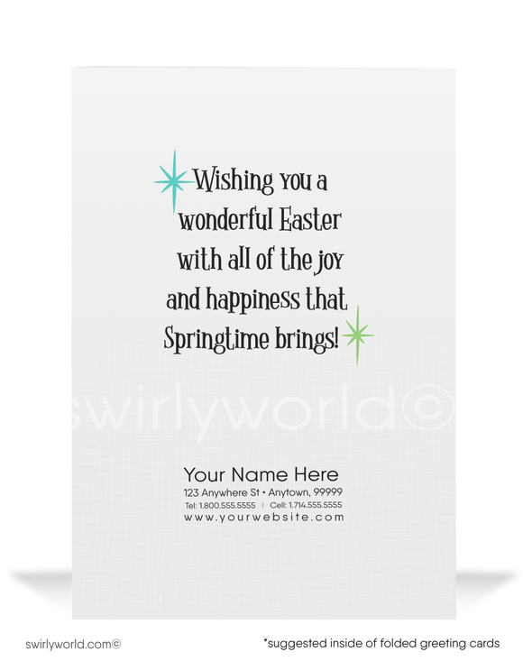 Whimsical vintage Easter card with a bunny in a classic Model T car filled with painted eggs. Retro blue & green backdrop with atomic starbursts & MCM charm!