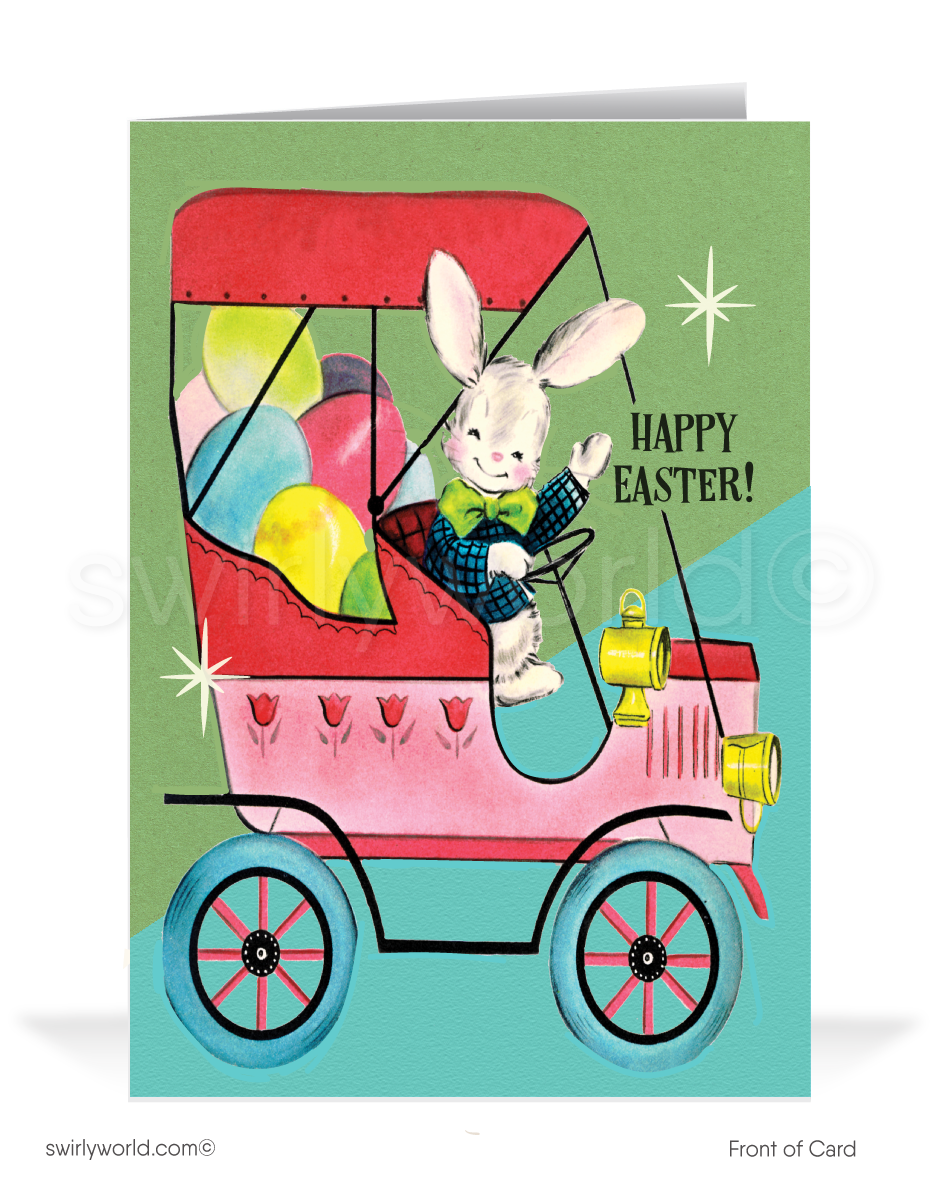Whimsical vintage Easter card with a bunny in a classic Model T car filled with painted eggs. Retro blue & green backdrop with atomic starbursts & MCM charm!