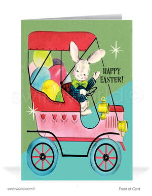 Whimsical vintage Easter card with a bunny in a classic Model T car filled with painted eggs. Retro blue & green backdrop with atomic starbursts & MCM charm!